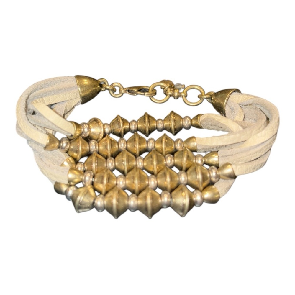 LUCKY BRAND Two-Tone Beads & Off White Leather Multi-Strand Bracelet JB1